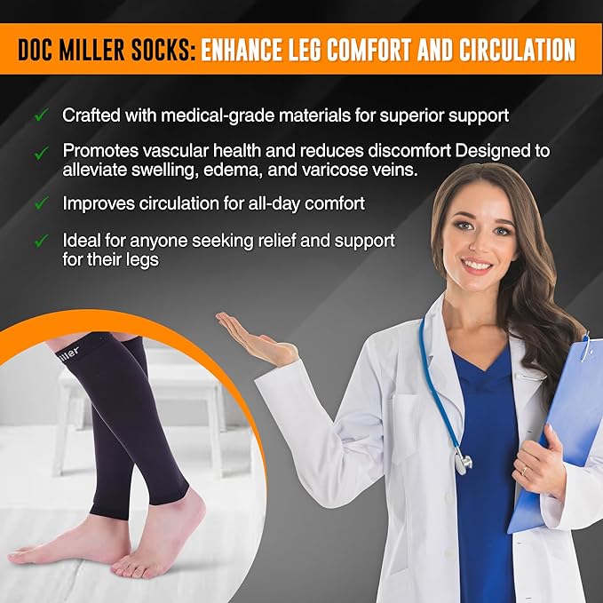 Doc Miller Compression Calf Sleeve for Men & Women, Premium Medical Grade, 15-20mmHg Graduated Support for Running, Calf Tear, Shin Splints, Knee High, Calf Sleeves, 1 Pair