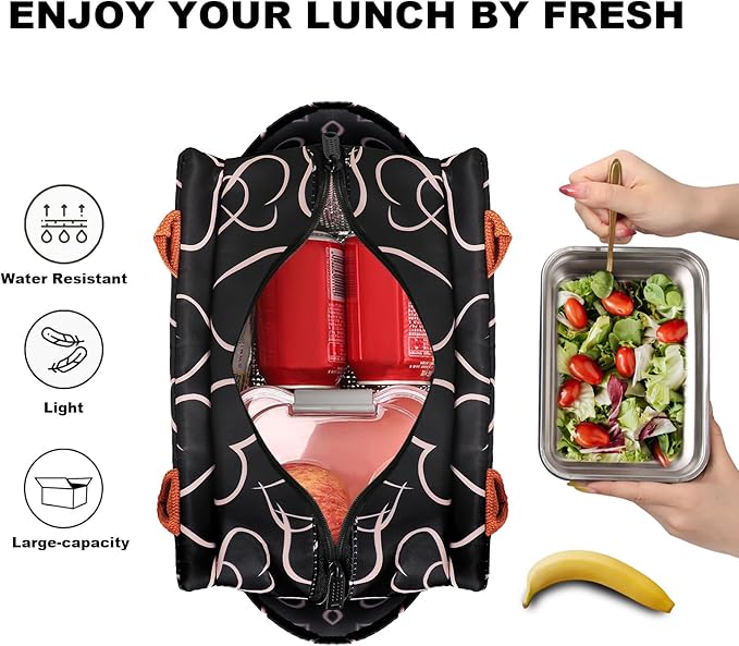 Joymee Lunch Bag Women Insulated Lunch Box Reusable Leakproof Large Spacious Cooler Tote for Women Men Adult with Bottle Holder and Side Pockets for Work Office Travel Picnic - Love Heart