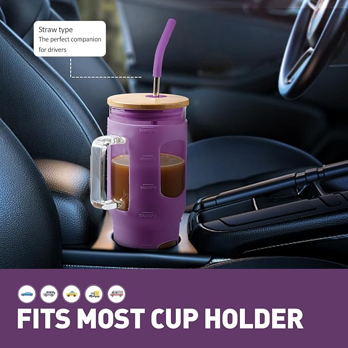 Glass Tumbler with Straw & Lid, 32 oz Glass Cup with Handle, Water Bottles with Time Marker - 2 Straws & Silicone Protective Sleeve Dark Purple