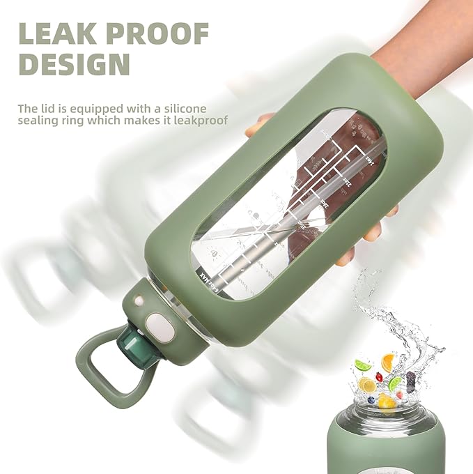 SIEROZUR 42 oz Glass Water Bottle with Straw and Handle, Large Sports Motivational Water Bottle Flask with Time Marker Leakproof Water Jug with Silicone Sleeve for Gym