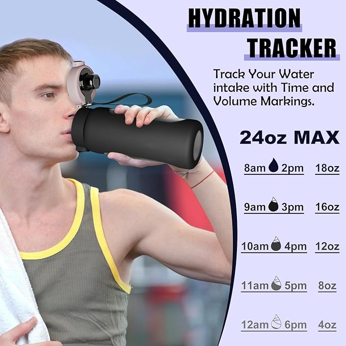 ANOTION 24OZ Glass Water Bottle, Large Sports Water Bottle with Dual-Drink Lid Clear Leakproof Glass Bottles with Straw, Motivational Jug with Silicone Sleeve and Time Marker for Travel Gym-Black