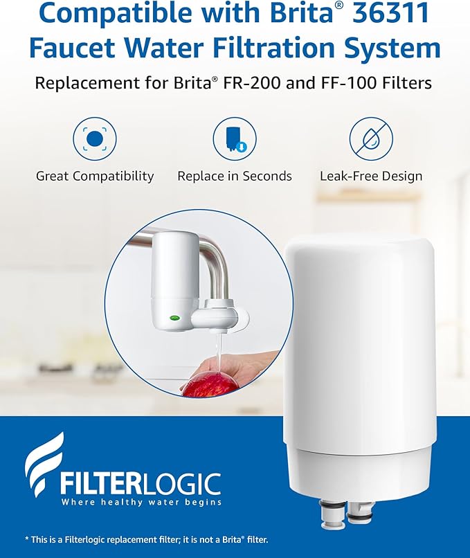 Filterlogic Faucets Filter Cartridge, Replacement for Brita® Filter, Brita® 36311 On Tap Water Filtration System, FR-200, FF-100, 100 Gallons, White (2 Packs)