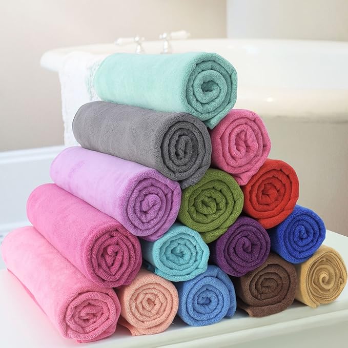 JML Microfiber Towels, Beach Towel Sets (6 Pack, 27" x 55") - Extra Absorbent, Fast Drying, Multipurpose for Bath, Swimming, Fitness, Sports, Yoga, Grey/Pink/Purple