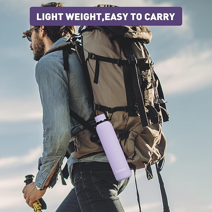 Slim Insulated Water Bottles for Travel 25oz with Clip, Double Wall Vacuum Stainless Steel Water Bottle Keeps Drinks Cold 24 Hrs/Hot 12 Hrs, 100% Leakproof, BPA Free(Purple)