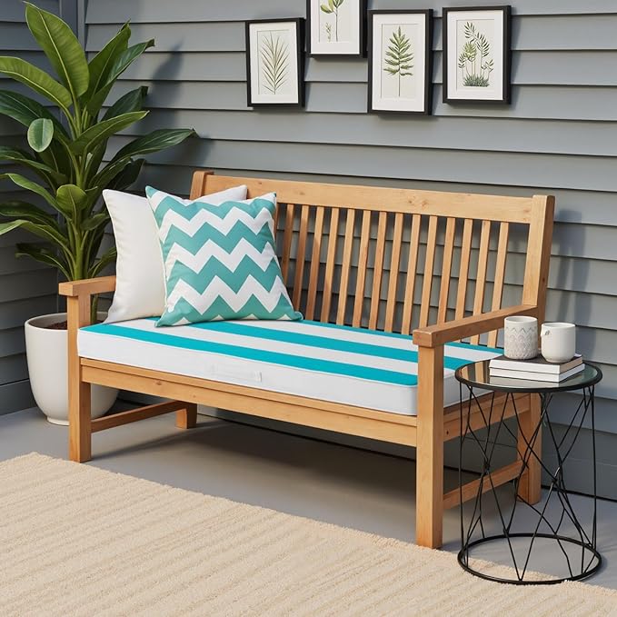 Crestlive Products Outdoor Bench Cushion 48 x 18 Inch, Waterproof Patio Bench Cushions for Outdoor Furniture, Porch Swing Replacement Pad with 30D Foam, Adjustable Straps, Blue White Stripe