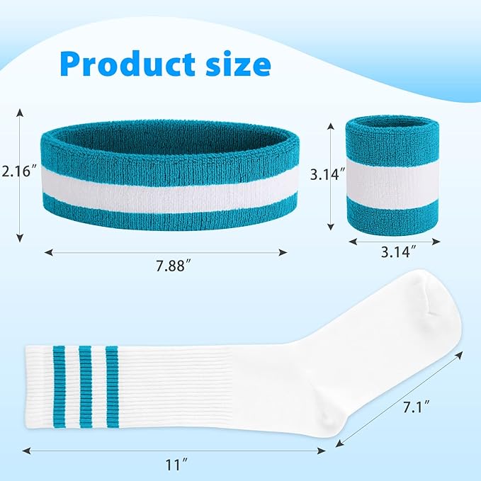 ONUPGO 5 Pieces Sweatbands Striped Socks Set Sports Headband Wristbands High Tube Socks 80s Accessories Costumes