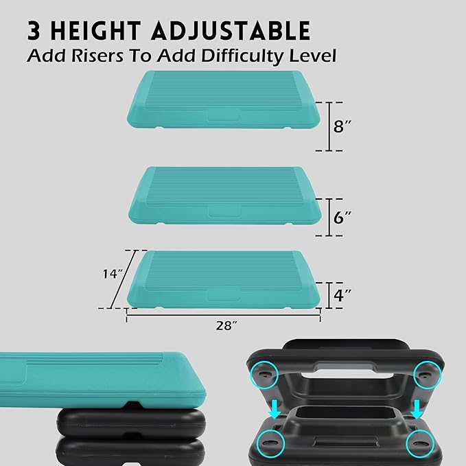 Step Aerobic Platform, Exercise Step with 5 levels Adjustable Height, 4 Stackable Risers, Fitness Training Workout Stepper for Home Gym, Cardio Strength, Multiple Options
