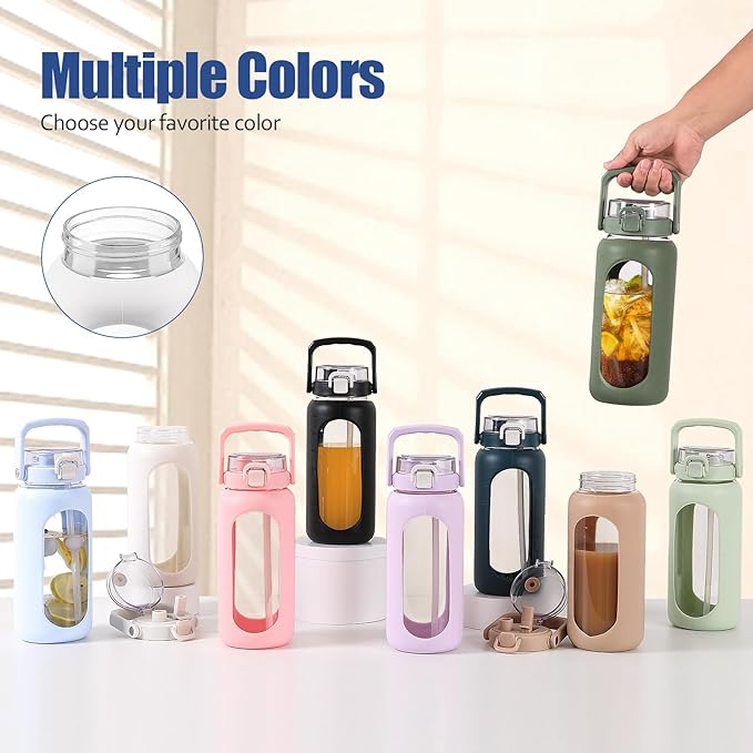 BLUEGO 64oz Glass Water Bottle with Handle and Straw, Motivational Sports Water Bottle with Time Marker and Silicone Sleeve Leakproof Drinking Bottle for Travel Gym Workout, White