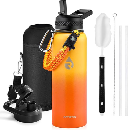 Insulated Water Bottle 40 oz, Triple Wall Vacuum Stainless Steel (Cold for 48 Hrs), Leak Proof & Non-BPA, Modern Water Flask Jug with Paracord Handle & Straw Spout Lids, Ombre Orange
