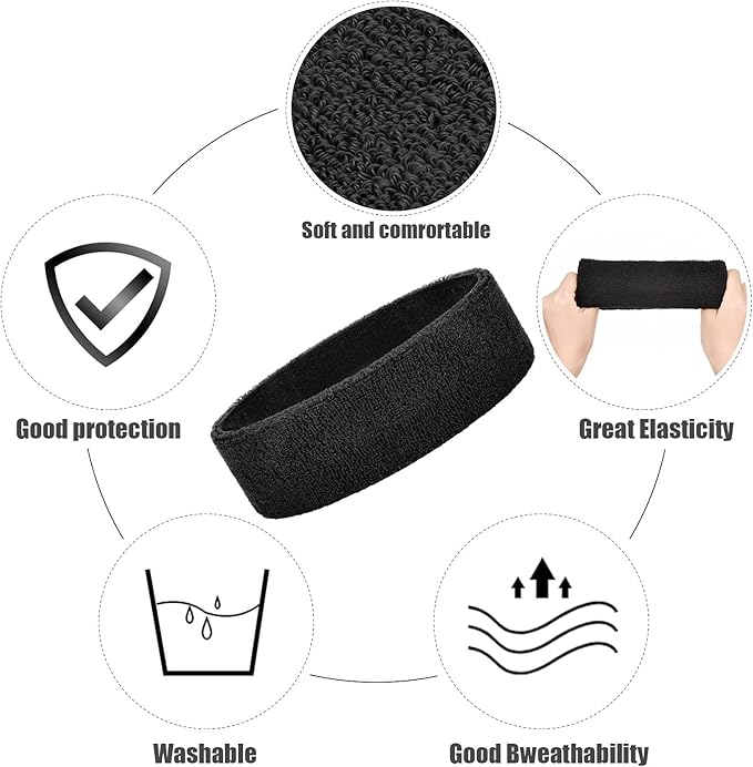 Bememo 12 Pcs Sweatbands Sport Headbands for Men & Women Basketball Headband Sport Competitions Sweat Headbands Running Terry Cloth Moisture Wicking for Yoga,Tennis,Gym,Exercise