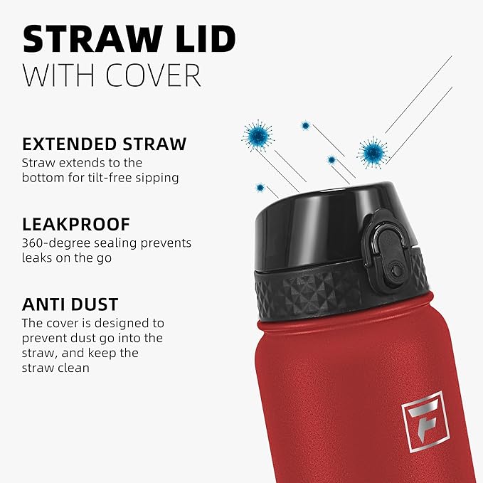 Fanhaw 40 Oz Stainless Steel Insulated Sports Water Bottles with Straw for Kids, Men and Women (Red)