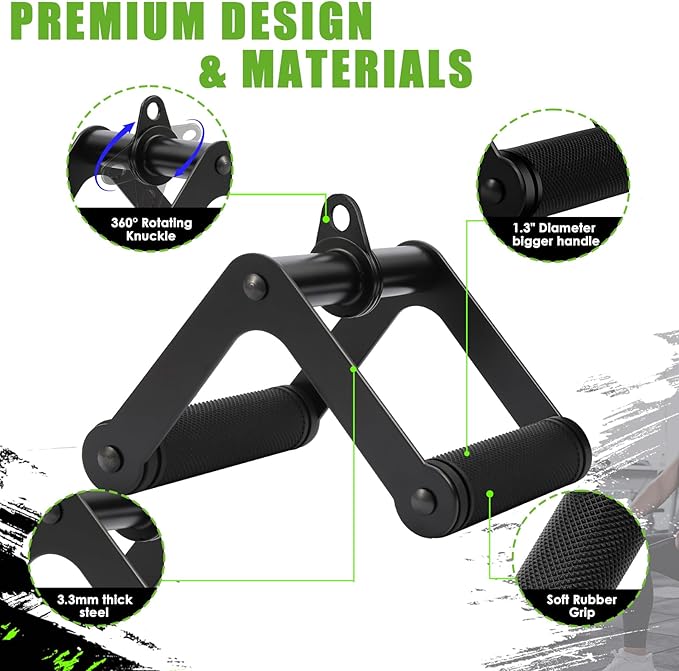 Double D Row Handle LAT Pulldown Attachments, T Bar Row Attachment,1.3 Inch Diameter Big Comfort Rubber Grip V Bar Attachmentt for Cable Machine Home Gym Accessory