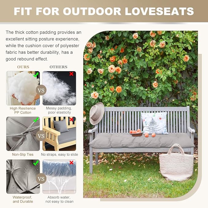 Outdoor Bench Cushion 47inches Waterproof & Fade Resistant Patio Furniture Cushions Tufted Fresh Porch Swing Lounger Loveseat Pads with Straps(Light grey-47x20in)