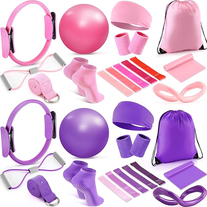 Poen Pilates Ring and Ball Set 30 Pcs Pilates Essentials Kit for Women with Yoga Balls Stretching Strap 8 Shape Resistance Bands Non Slip Socks Wristbands Gym Bags Exercise Equipment for Workout