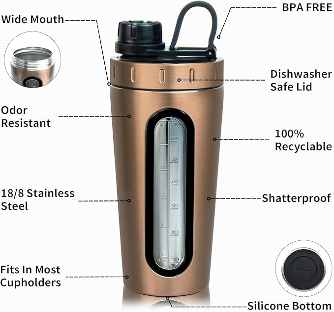 TOOFEEL Stainless Steel Shaker - 28 oz Protein Shaker Cup With 2 Whisk All, Visible Window, Leakproof, Not Cold/Hot, For Gym Workout