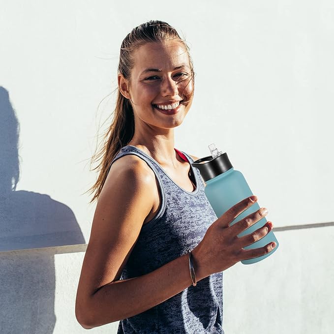 32 oz Insulated Water Bottle Bulk 8 Pack, Stainless Steel Sports Water Bottles with Straw Lid & Wide Mouth Lids, Double Walled Vacuum, Leak Proof, Turquoise Blue