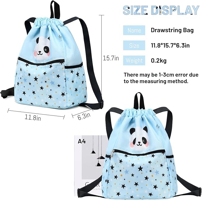 Drawstring Backpack for Kids - Panda Bags for Girls Mini Gym Dance Beach Swim Travel Bag With Two Water Bottle Holder Light Blue