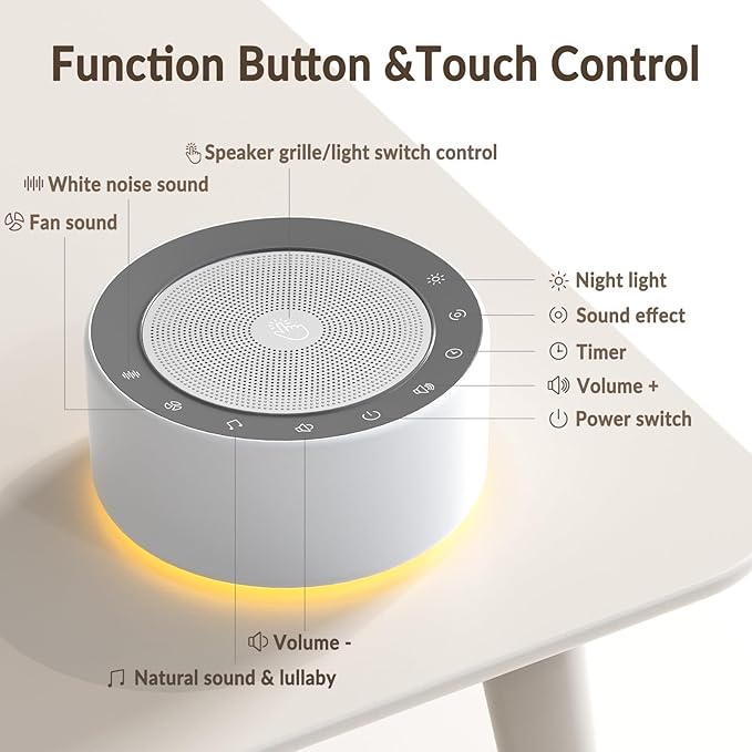Kipcush White Noise Sound Machine with Nursery Lamp, Mood Lighting, 7 Colour Night Light, 30 Soothing Sounds for Baby/Adult. Timer, Plug in, Memory Function, Touch Control