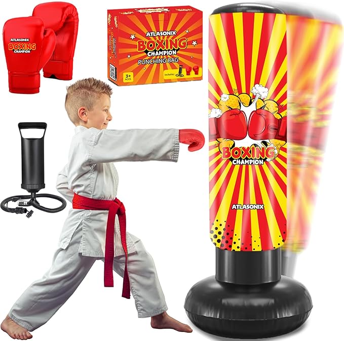 Inflatable Boxing Toy for Boys Age 4-8-12, Standing Kick Dummy, Karate Taekwondo Equipment, Fun Active Game, Birthday Party for Kids, Durable Punch Box Set
