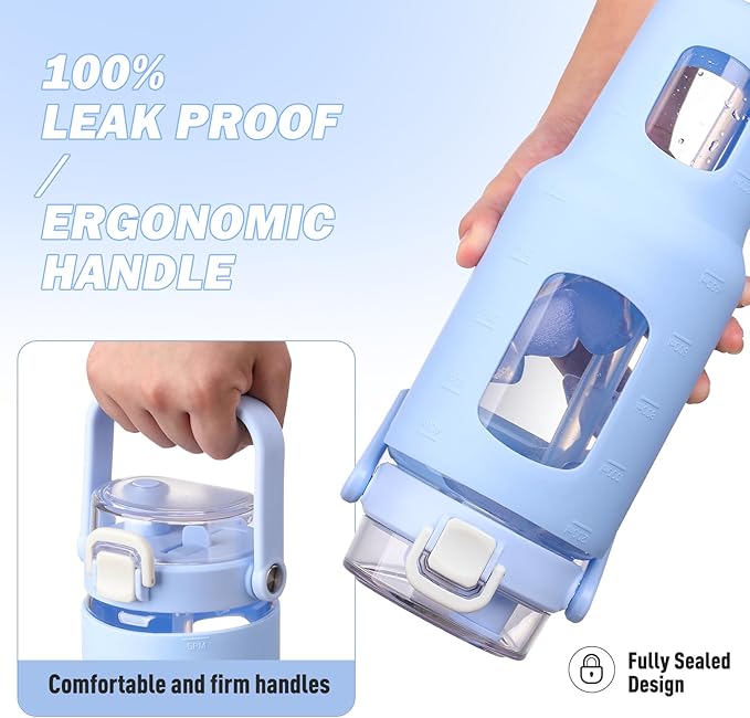 BLUEGO 40oz Glass Water Bottles with Straw Time Marker Half Gallon Large Motivational Water Bottle with Silicone Sleeve 2 Liter Large Glass Water Jug for Gym, Sports& Workout, Daily, Light Blue