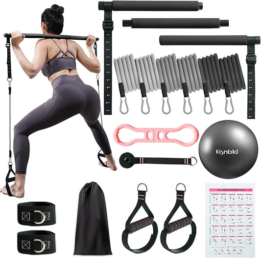 Pilates Bar Kit with Resistance Bands, Multifunctional Pilates Bar with 3 Set Exercise Resistance Bands, Portable Pilates Equipment for Women Home Gym Yoga Workouts