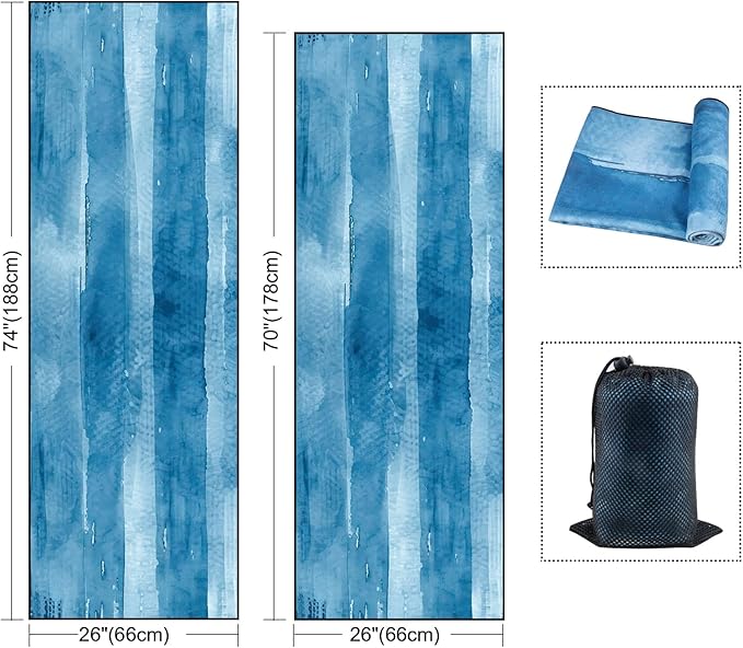 QiyI Yoga Mat Towel with Corner Pockets, Non Slip Sweat Absorbent Hot Yoga Towels, Soft Yoga Blankets with Travel Bag, Skidless Mat Cover for Workout, Gym, Fitness - 70"x26", Blue Tie Dye