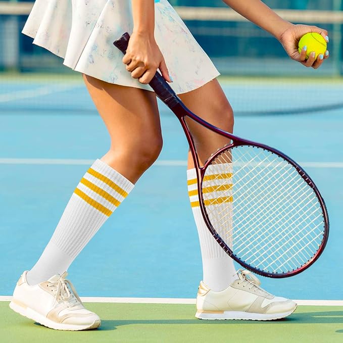 ONUPGO 5 Pieces Sweatbands Striped Socks Set Sports Headband Wristbands High Tube Socks 80s Accessories Costumes