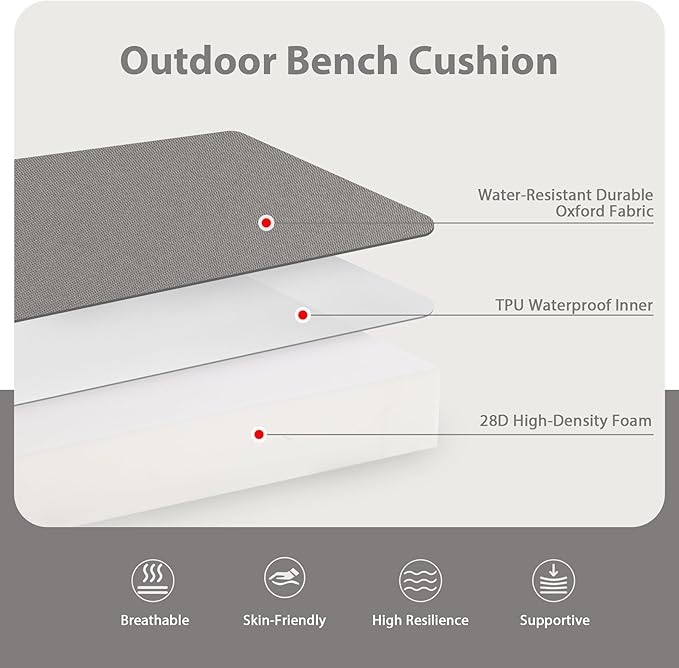 Favoyard Outdoor Bench Cushion 48 x 18 Inch Waterproof Patio Furniture Cushions 3-Year Color Fastness Garden Sofa Settee Couch Swing Pads with Handle and Adjustable Straps, Light Gray