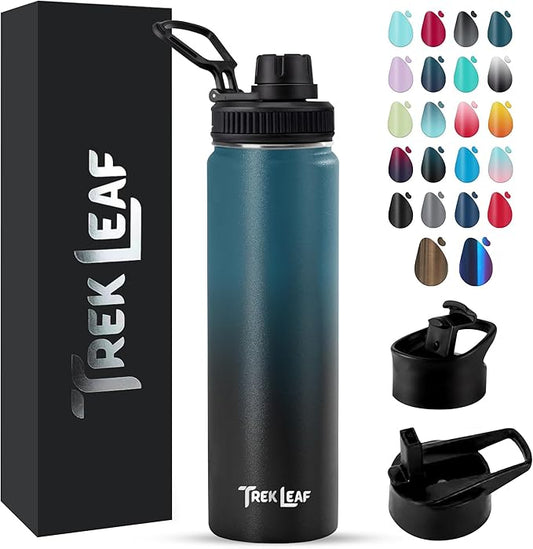Travel Water Bottle with 3 Lids (Spout, Straw, Flip) Leak Proof, Quality, Vacuum Insulated, Stainless Steel (Cascade Shadow, 22 oz)