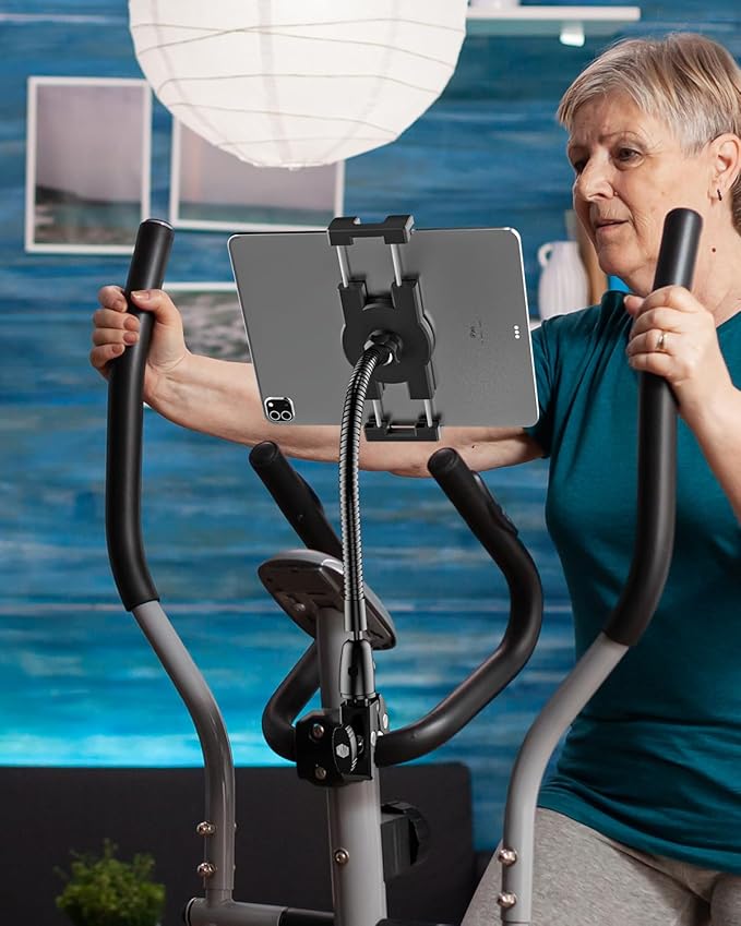Gooseneck Metal Spin Bike Tablet Holder Mount, Indoor Handlebar iPad Holder for Treadmill, Exercise Bike, Stationary Bicycle, Peloton, Elliptical for iPad Pro 12.9 Air Mini, Galaxy Tabs, Phones(4-13”)