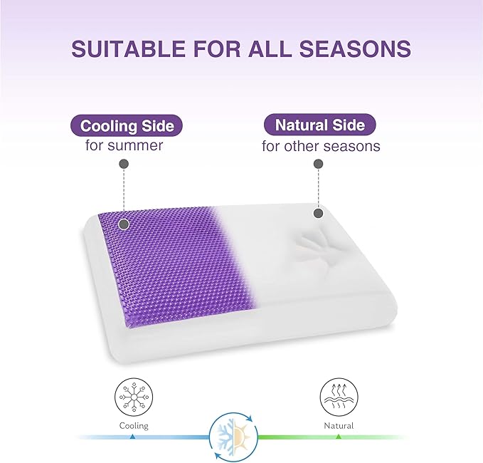 Cooling Pillow for Sleeping, Gel Memory Foam Pillow with Reversible Cover, Neck Support for Side, Back and Stomach Sleepers, Removable & Machine Washable Cover, Bed Pillows for Hot Sleepers, Purple
