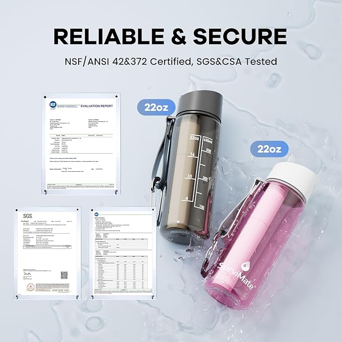 SurviMate Purified Water Bottle for Camping, Hiking, Backpacking and Travel, BPA Free with 5-Stage Intergrated Filter Straw