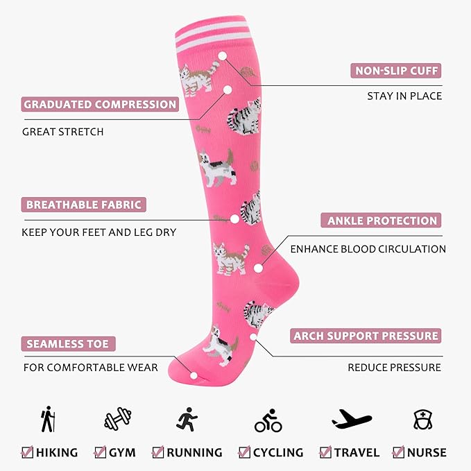 fenglaoda Compression Socks Women Men 4 Pairs, Knee High Support Socks for Running, Sports, Travel, Flight, Nurse