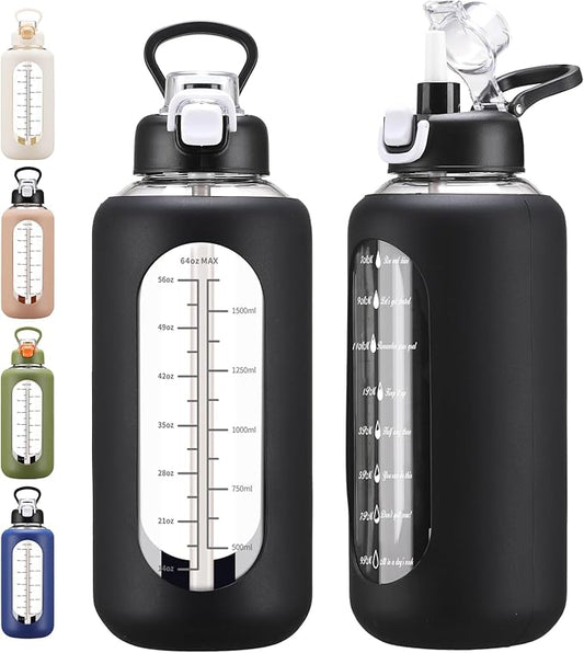 64 oz Glass Water Bolttles with Straw Half Gallon Large Motivational Water Bottle with Time Marker Sports Water Bottles with Silicone Sleeve and Handle Lid Water Jug for Gym Workout