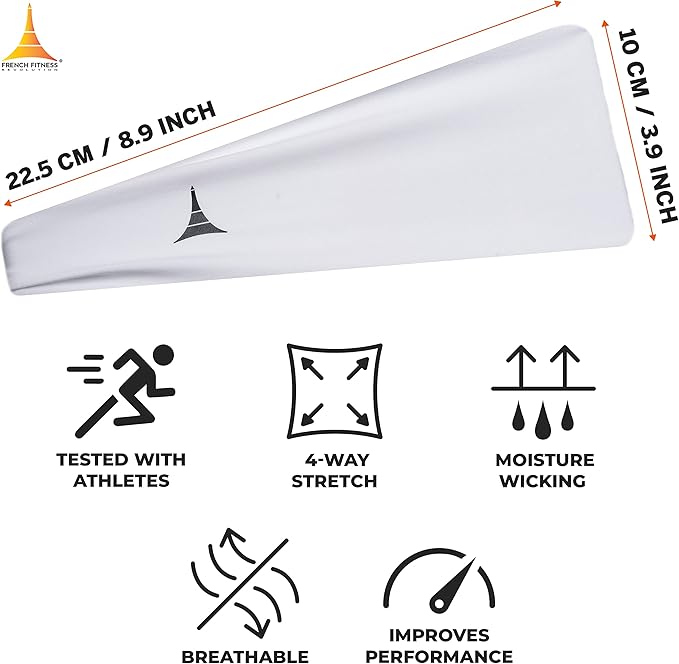 French Fitness Revolution - Stretchy Sports Headband for Men & Women - Guys Sweatband for Running, Cycling, Basketball, Yoga, Fitness - Moisture Wicking Workout Hairband - Made in Europe