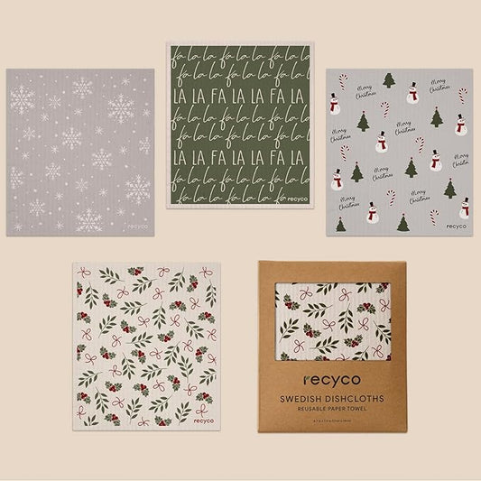 RECYCO 4 Pack Christmas Swedish Dishcloths for Kitchen | Jolly Holiday Washable Dish Towels | Cellulose Reusable Cleaning Paper Towels | Absorbent Counter Dish Cloth Sponge Kitchen Wipes, 7" x 8"
