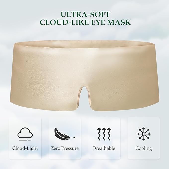 100% Mulberry Silk Sleep Mask, Large Size Travel Eye Masks for Side Sleepers, Adjustable Sleeping Mask for Women and Men, 100% Blackout Eye Mask for Sleeping Champagne