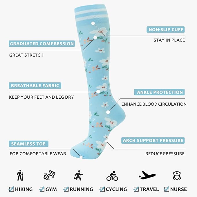 fenglaoda Compression Socks Women Men 4 Pairs, Knee High Support Socks for Running, Sports, Travel, Flight, Nurse