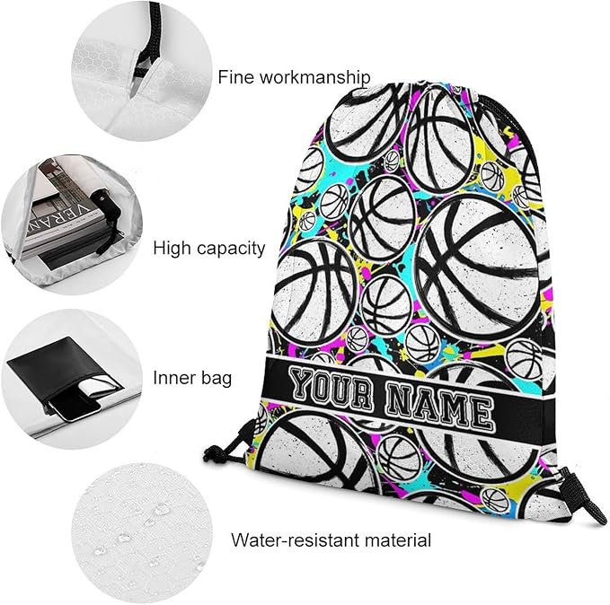 Custom Basketball Drawstring Backpack - Cool Cinch Sack, String Backpacks for Kids Women Men Boys Girls for Gym Outdoor Sports Travel Athletic Drawstring Bag - Lightweight/Foldable