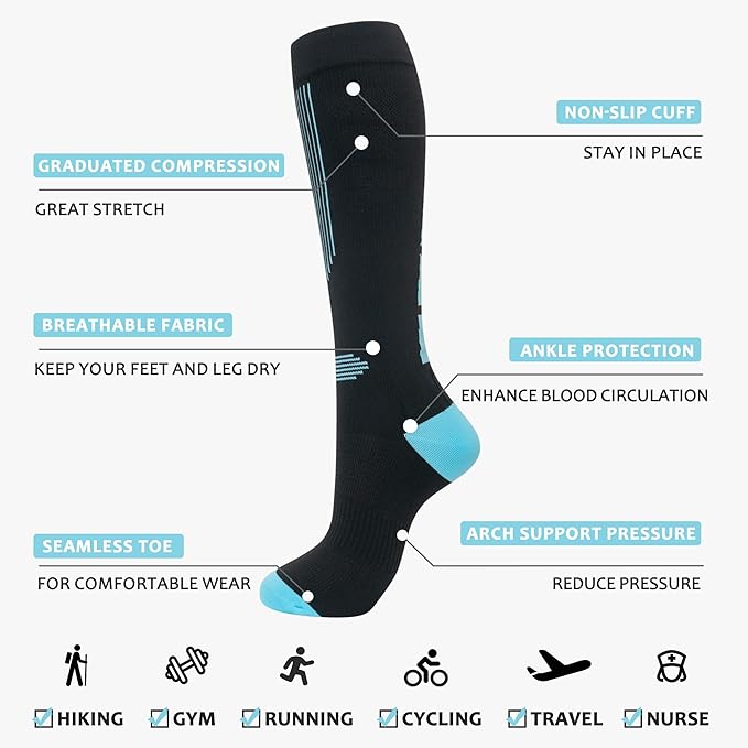 fenglaoda Compression Socks Women Men 4 Pairs, Knee High Support Socks for Running, Sports, Travel, Flight, Nurse