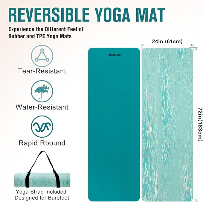 UMINEUX Extra Thick Yoga Mat, 2/5 Inch (10MM), Natural Rubber and TPE Non Slip Yoga Mats with Strap for Women Men, Eco Friendly Exercise Mat for Yoga, Pilates and Home Workout