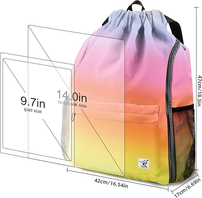 Drawstring Backpack with Mesh Pockets String Gym Bag Sackpack Sandproof Water Resistant Beach Backpack for Men Women