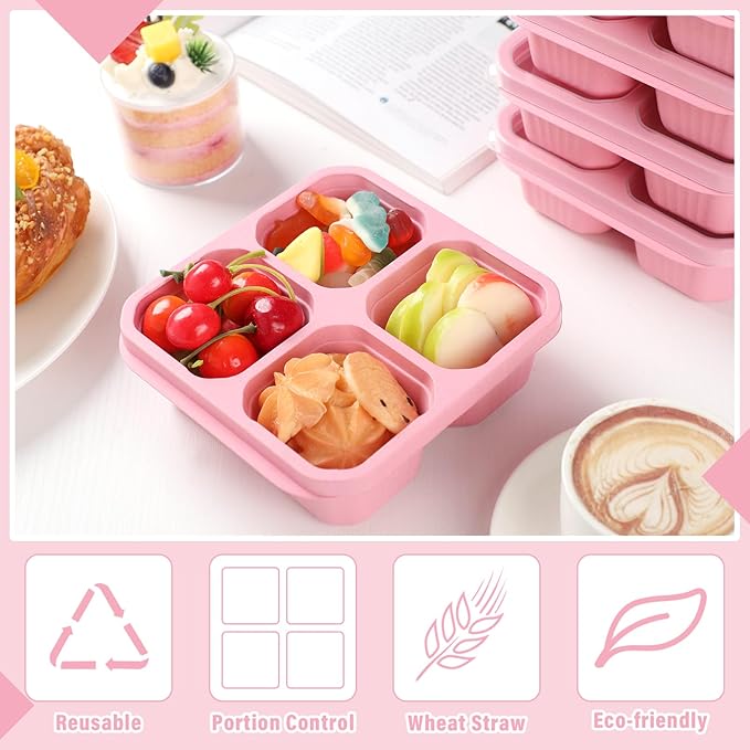 12 Pcs 4 Divided Compartments Snack Containers Bento Wheat Straw Snack Box with Lid Reusable Meal Prep Lunch Box Food Storage Containers for Adults Travel Work (Pink)