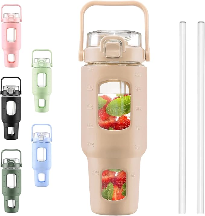BLUEGO 40 oz Glass Water Bottles with Straw Time Marker, Glass Tumbler with Handle Top Lids, Easy to Clean, Fits in Car Cup Holder, Leakproof Jug for Gym, Sports, Workout & Daily, Amber