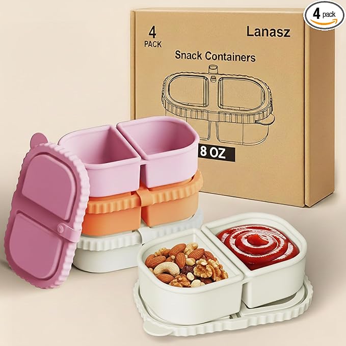4 Sets Silicone Snack Containers with Lids, Reusable Double Compartment Plastic Container for Sauce Snack,Compact Food Storage for School, Office, Travel,Condiment Container with Lid (4 Colors)