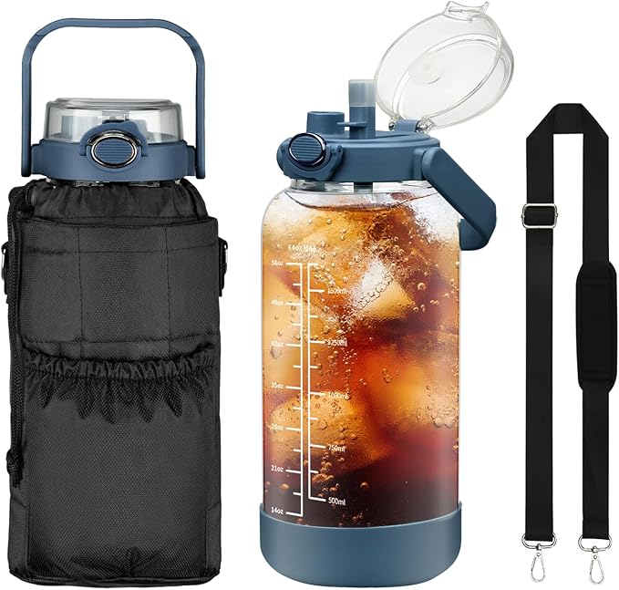 64oz Glass Water Bottle with Straw and Sleeve Half Gallon Motivational Water Bottle with Time Marke and Strap 2L Leakproof Borosilicate Reusable Water Jug for Gym Outdoors