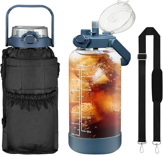 64oz Glass Water Bottle with Straw and Sleeve Half Gallon Motivational Water Bottle with Time Marke and Strap 2L Leakproof Borosilicate Reusable Water Jug for Gym Outdoors