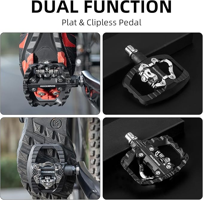 ROCKBROS Mountain Bike Pedals Dual Function Sealed Clipless Flat Platform Compatible with SPD Bicycle Pedals for Mountain Bike MTB Pedals Flat