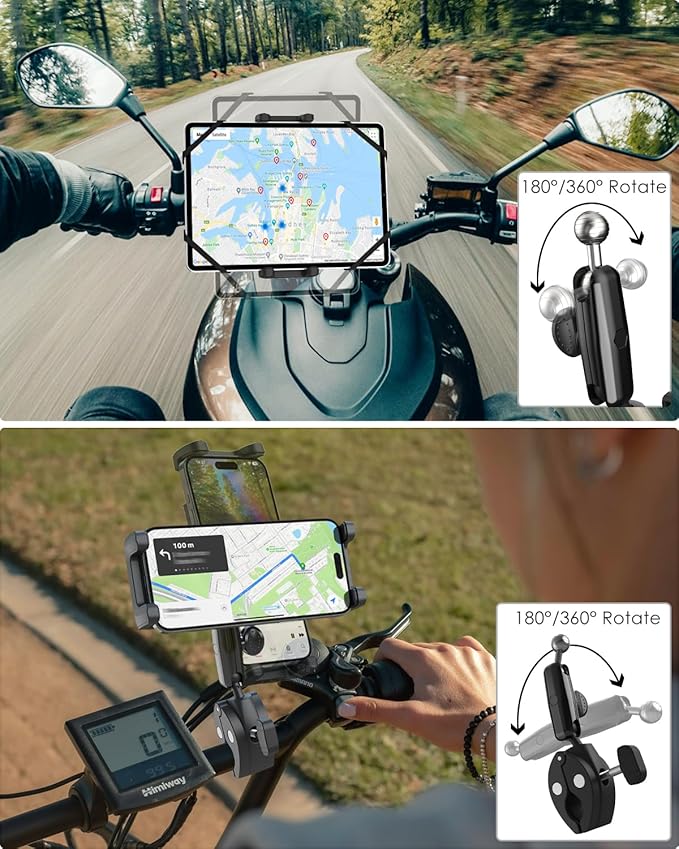 Bike Tablet Phone Holder with Silicone Security Band, Metal Arm 360° Rotation Tablet Handlebar Mount for Stationary Bicycle, Treadmill Fits iPad Pro/Air/Mini, Smartphones, 4-13'' Devices