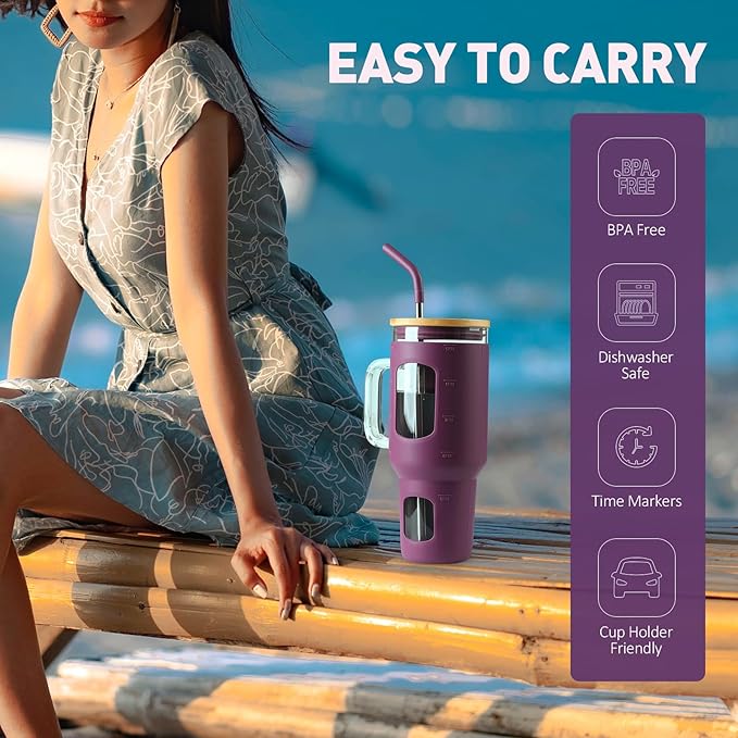 Glass Tumbler with Straw and Lid, 40 oz glass cup with handle, Glass Water Bottles with Time Marker, Silicone Protective Sleeve-Dark Purple
